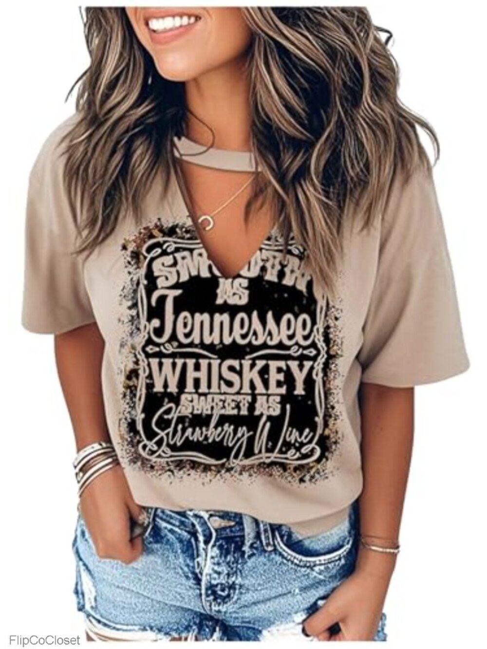 Hollow Out V Neck Western Graphic Short Sleeve T Shirt